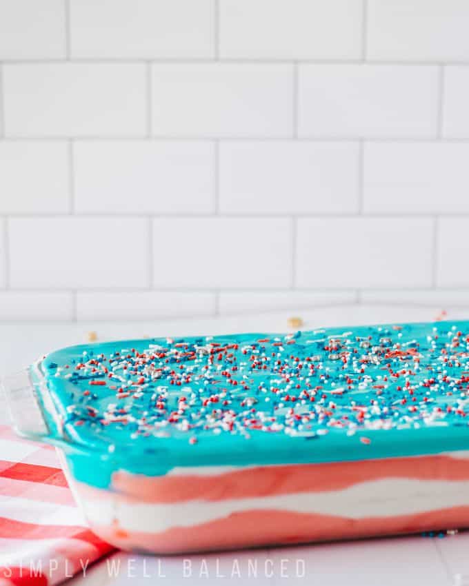 Patriotic Icebox Cake in a glass 9X13 that looks like the American Flag. 