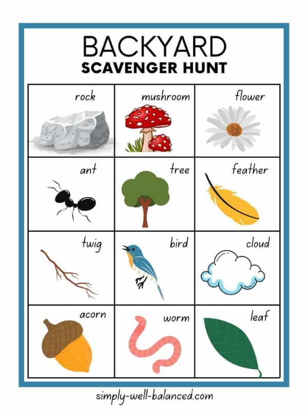 Free printable backyard scavenger hunt. Free things to do in the summer with kids.