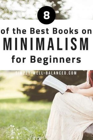 A woman sits on a bench reading a book outdoors; image text reads "8 of the best books for minimalism for beginners"