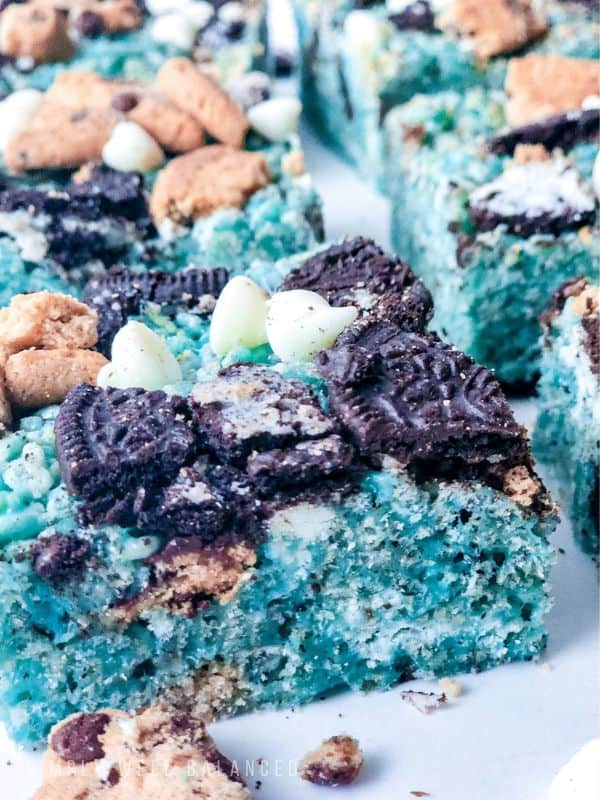 Close up of blue cookie monster rice krispie treats. 