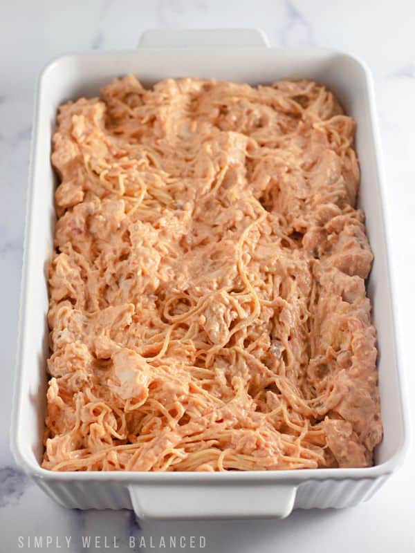 Chicken taco spagetti ready before it goes into the oven. 