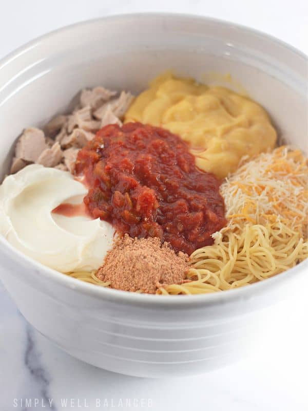 Chicken taco spaghetti ingredients: cooked spaghetti, diced chicken, salsa, cream of chicken soup, shredded cheese, sour cream, and taco seasoning. 