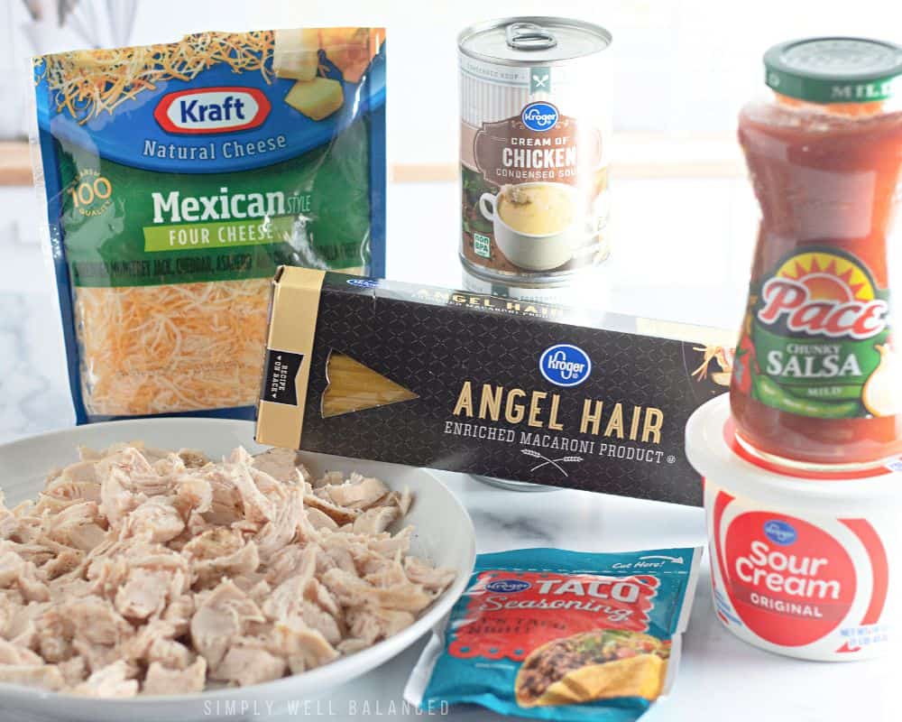 Ingredients for chicken taco spaghetti bake
