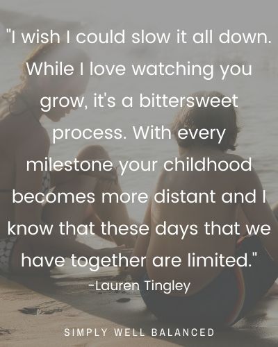 Image of a mother and son sitting on a beach. Image text overlay is a long quote about mothers watching their children growing up.