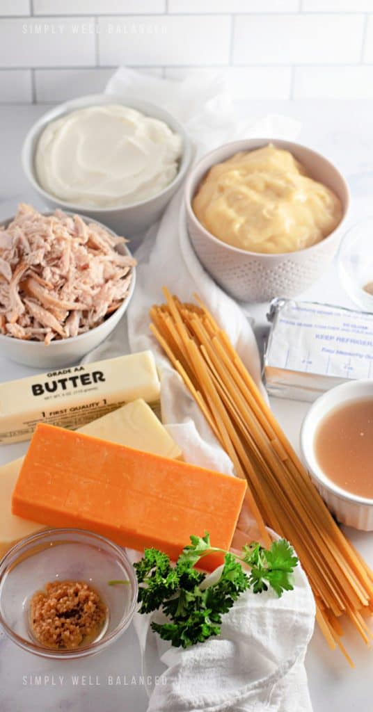 All of the ingredients for the Easy Chicken Tetrazzini casserole on the ktichen counter. 