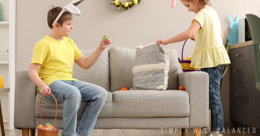 Kids finding Easter eggs hidden in the couch cushions.