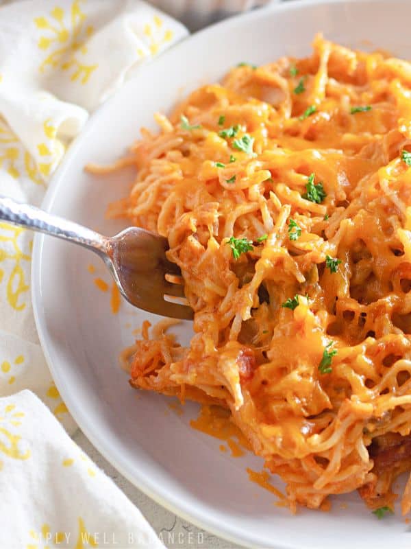 Serving of chicken taco spaghetti bake. 