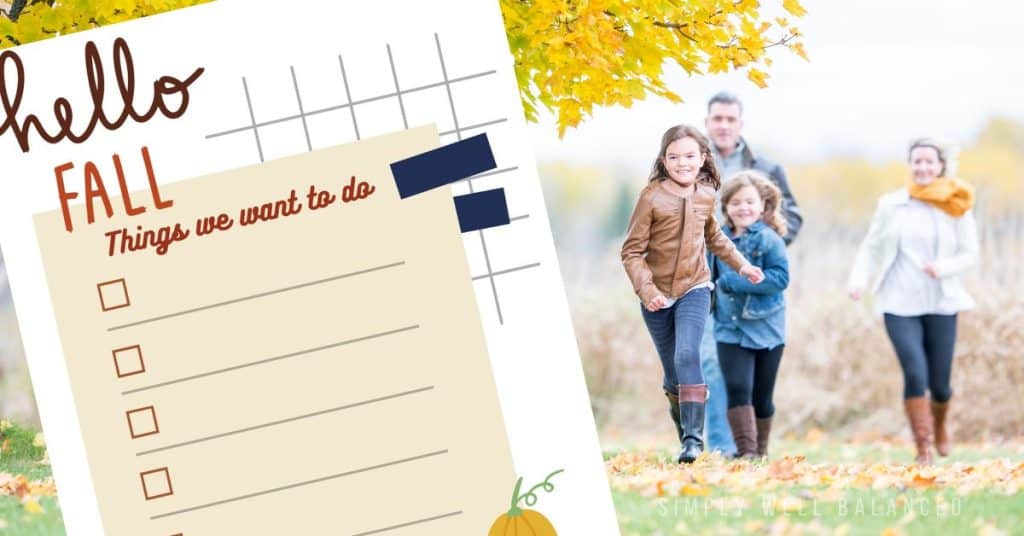 Free printable fall family bucket list with list of fall activity ideas. 
