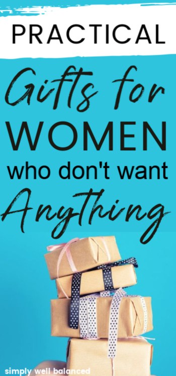 A stack of brown paper wrapped gift boxes with polka dot ribbons. Image text overlay reads \"practical gifts for woman who don\'t want anything\"