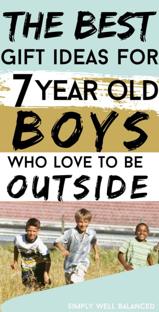 An image of three young boys running through a field of high grass. Text overlay on the image reads "the best gift ideas for 7 year old boys who love to be outside"