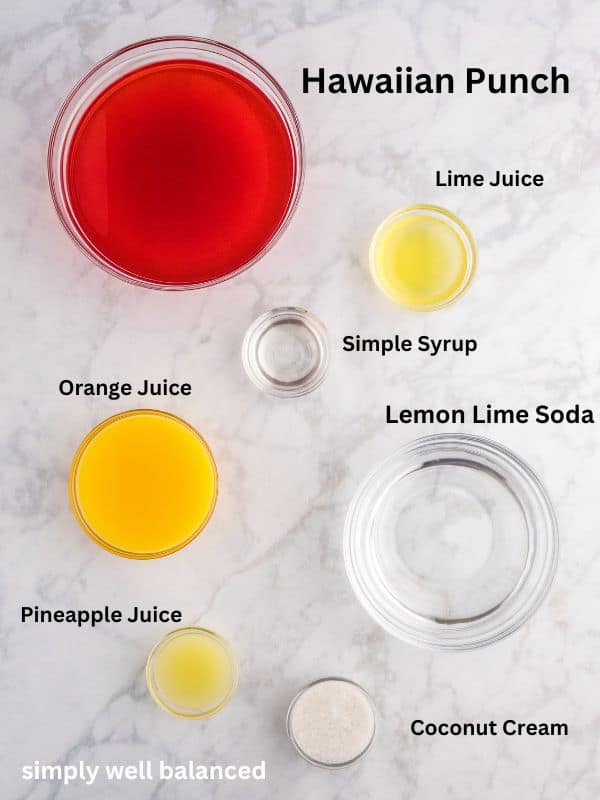 Ingredient for Red Halloween Hawaiian Punch, lime juice, simple syrup, lemon lime soday, orange juice, pineapple juice, coconut oil. 