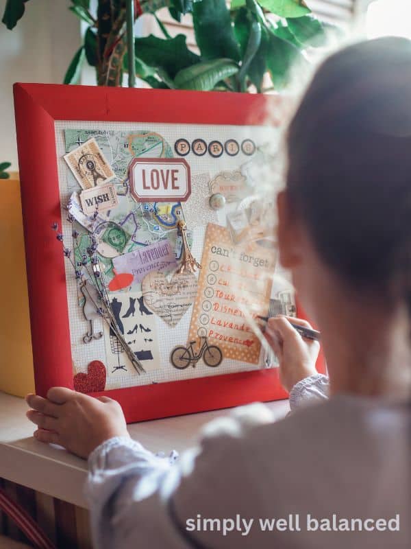 Screen-free summer guide - Young girl making a vision board. 