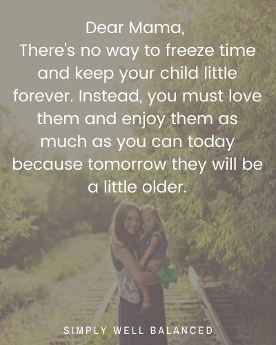 Image of a mom holding her young daughter in her arms, with image overlay text of a quote about kids growing up too fast.