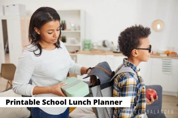 Printable School lunch planner | Mom putting son's lunch in his backpack.