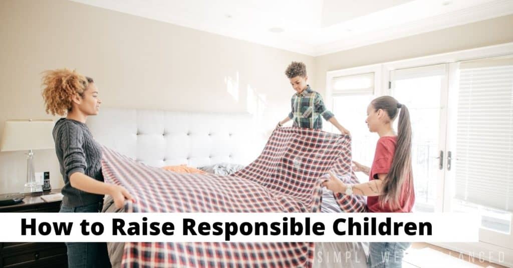 How to raise responsible children. Kids making bed with mom's help.