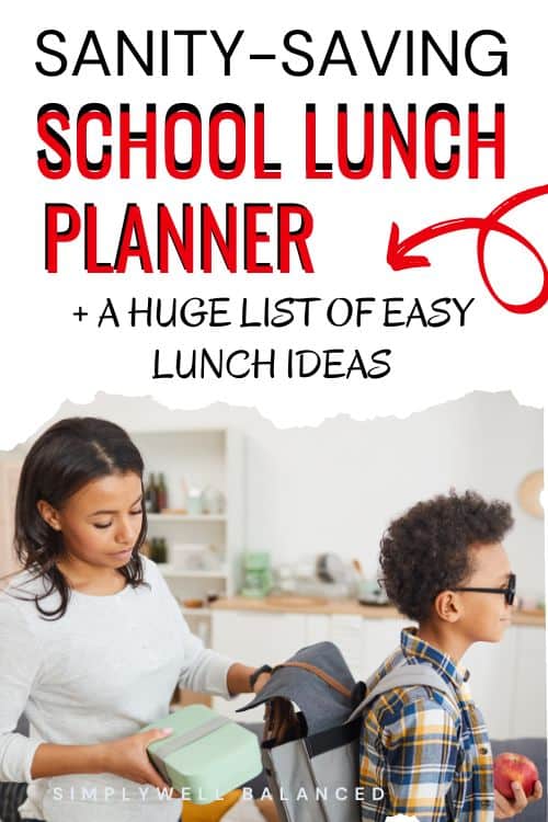 Mom placing her sons lunch in his backpack as he heads off to school. Text overlay: Sanity Saving Printable School Lunch Planner.