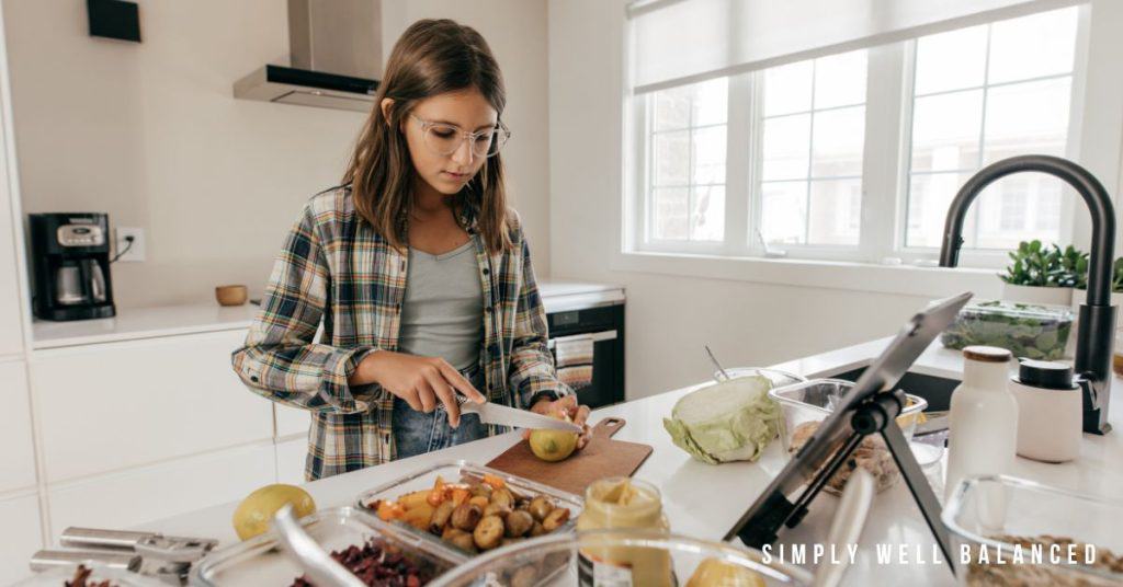Teen preparing a meal for her family. Essential life skills for teens: Cooking.