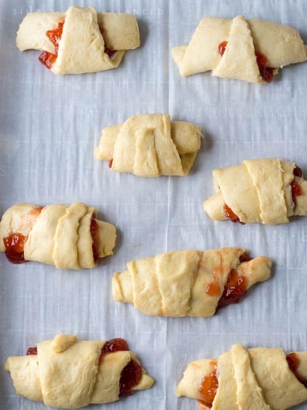Easy Valentine\'s Day Strawberry Cheesecake Crescent Rolls ready to go in the oven. 
