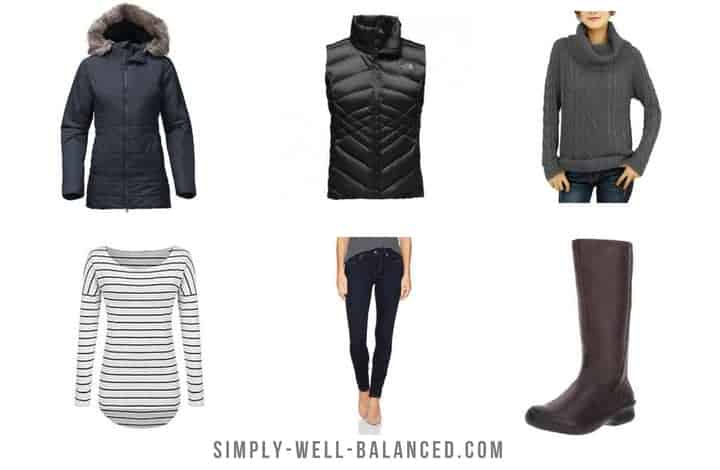 A collage showing six essential winter capsule wardrobe items - winter jacket, vest, sweaters, jeans, and boots.